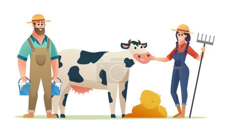 Illustration for Cattle farmers with dairy cow and grain cartoon illustration - Royalty Free Image
