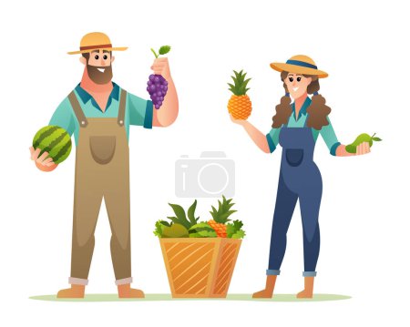 Ilustración de Alegre macho y hembra agricultor personajes sosteniendo frutas - Imagen libre de derechos