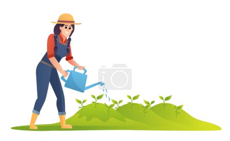Illustration for Woman farmer watering plants illustration - Royalty Free Image