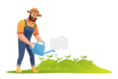 Ilustración de Felices plantas de riego agricultor utilizando riego puede ilustración - Imagen libre de derechos