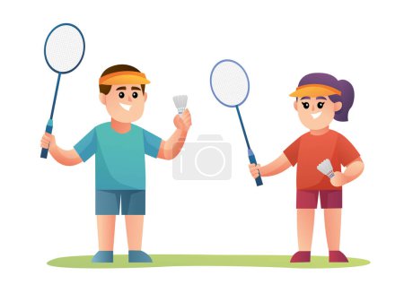 Téléchargez les illustrations : Garçon mignon et fille personnages de joueur de badminton - en licence libre de droit