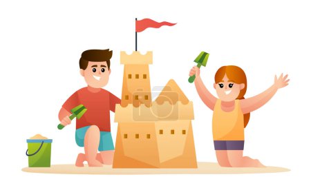 Ilustración de Ilustración de dos lindos niños construyendo castillo de arena - Imagen libre de derechos