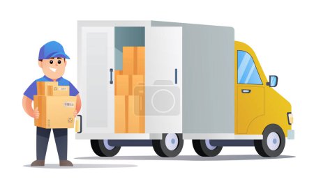 Ilustración de Lindo mensajero traer paquetes con ilustración de camiones de reparto. Caricatura vectorial - Imagen libre de derechos