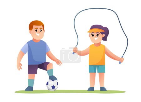 Illustration for Cute boy and girl doing exercise cartoon character - Royalty Free Image