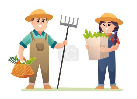 Ilustración de Lindo niño y niña cosecha agricultor sosteniendo verduras orgánicas ilustración - Imagen libre de derechos