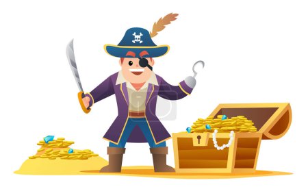 Illustration for Cute captain pirate holding sword with treasure chest cartoon - Royalty Free Image