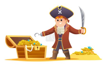 Illustration for Cute pirate holding sword with treasure chest illustration - Royalty Free Image