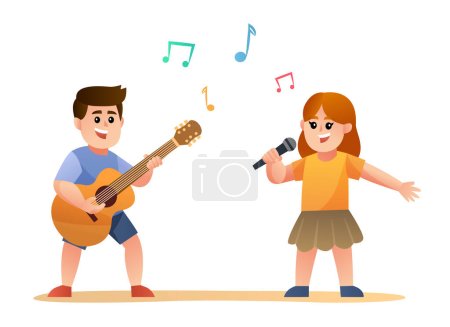Téléchargez les illustrations : Joli garçon jouant de la guitare et fille chantant. Illustration vectorielle de dessin animé - en licence libre de droit