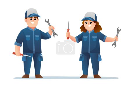 Illustration for Cute male and female mechanic characters holding spanner and screwdriver - Royalty Free Image
