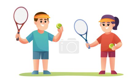 Téléchargez les illustrations : Garçon mignon et fille joueurs de tennis personnages - en licence libre de droit
