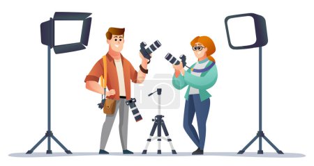 Illustration for Professional male and female photographer with photography equipment illustration - Royalty Free Image