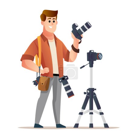 Ilustración de Carácter de fotógrafo masculino profesional sosteniendo cámara con trípode - Imagen libre de derechos