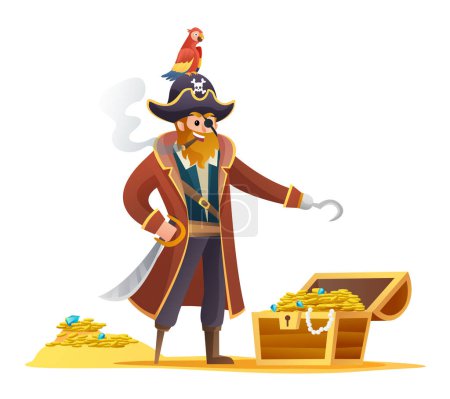 Illustration for Pirate character holding sword with parrot and treasure chest cartoon character - Royalty Free Image