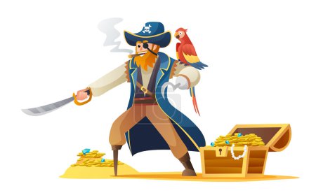 Illustration for Pirate character holding sword with parrot and treasure chest vector illustration - Royalty Free Image