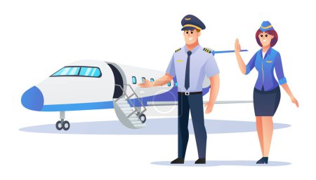 Téléchargez les illustrations : Pilote et hôtesse de l'air avec illustration de dessin animé avion - en licence libre de droit