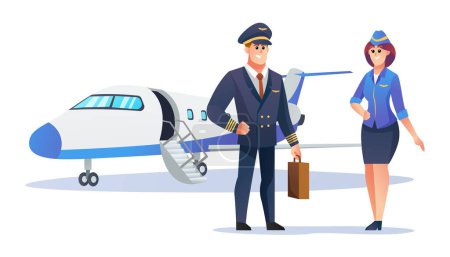 Téléchargez les illustrations : Caractères de pilote et d'hôtesse avec illustration vectorielle d'avion - en licence libre de droit
