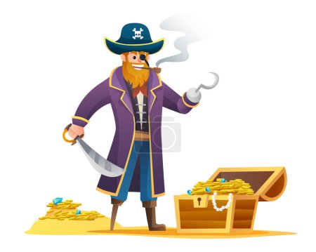 Ilustración de Pirata sosteniendo espada con personaje de dibujos animados cofre tesoro - Imagen libre de derechos