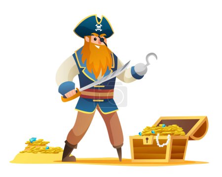 Ilustración de Personaje pirata sosteniendo espada con dibujos animados cofre tesoro - Imagen libre de derechos