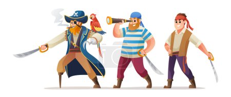 Ilustración de Carácter conjunto de capitán pirata y soldados sosteniendo espada - Imagen libre de derechos
