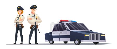 Policeman and police woman officers with police car illustration