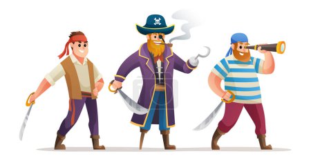 Téléchargez les illustrations : Jeu de caractères de bande dessinée de pirates capitaine et soldats tenant l'épée - en licence libre de droit