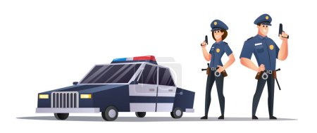 Téléchargez les illustrations : Un policier et une policière tenant des armes à côté d'une voiture de police illustration - en licence libre de droit