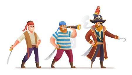 Illustration for Character set of pirates captain and soldiers holding sword illustration - Royalty Free Image