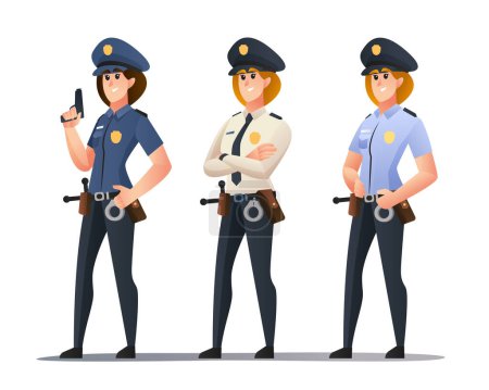 Illustration for Police woman officer cartoon character set - Royalty Free Image