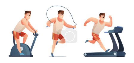 Illustration for Set of man doing exercise gym bike jump rope and treadmill illustration - Royalty Free Image