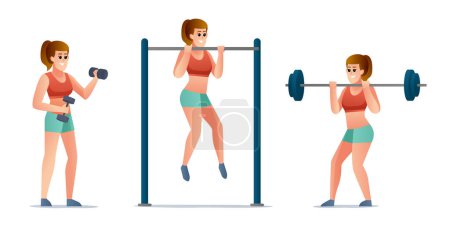 Illustration for Fitness woman doing exercise character set. Collection of female doing weight lifting gym exercises illustration - Royalty Free Image