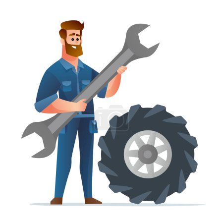 Illustration for Professional mechanic holding big spanner with big tire illustration - Royalty Free Image