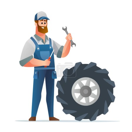 Illustration for Professional mechanic holding spanner and screwdriver with big tire cartoon illustration - Royalty Free Image