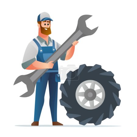 Téléchargez les illustrations : Caractère mécanicien professionnel tenant une grande clé avec un gros pneu - en licence libre de droit