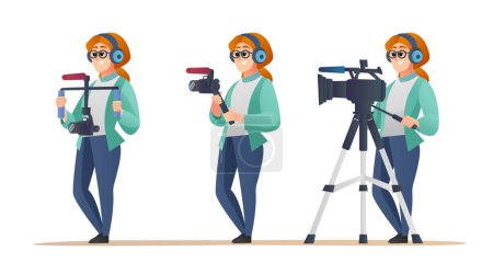 Illustration for Professional female videographer character set in various poses - Royalty Free Image