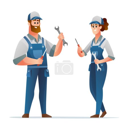 Illustration for Professional male and female mechanic holding spanner and screwdriver cartoon characters - Royalty Free Image