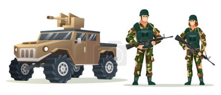 Illustration for Male and female army soldiers holding weapon guns with military vehicle cartoon illustration - Royalty Free Image