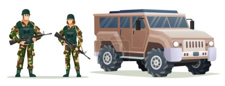 Téléchargez les illustrations : Homme et femme soldats de l'armée tenant des armes à feu avec véhicule militaire dessin animé illustration - en licence libre de droit