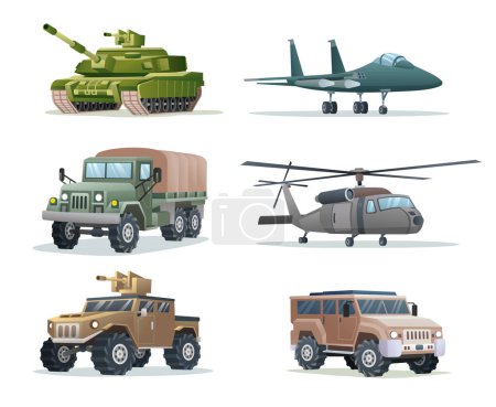 Collection of military army vehicles transportation isolated illustration
