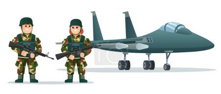 Ilustración de Lindo niño y niña soldados del ejército sosteniendo armas de fuego con avión de reacción militar ilustración de dibujos animados - Imagen libre de derechos