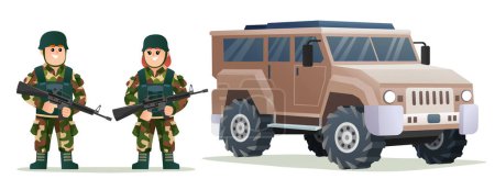 Illustration for Cute little boy and girl army soldiers holding weapon guns with military vehicle cartoon illustration - Royalty Free Image