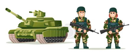 Illustration for Cute boy and girl army soldiers holding weapon guns with military tank cartoon illustration - Royalty Free Image