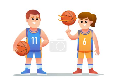 Ilustración de Lindo niño y niña jugador de baloncesto juego de caracteres - Imagen libre de derechos