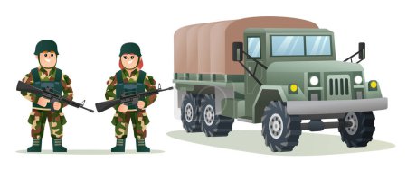 Téléchargez les illustrations : Mignons soldats de l'armée hommes et femmes tenant des armes à feu avec illustration de dessin animé de camion militaire - en licence libre de droit