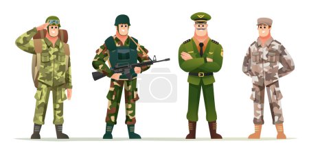 Ilustración de Capitán del ejército con soldados en varios uniformes de camuflaje conjunto de personajes - Imagen libre de derechos