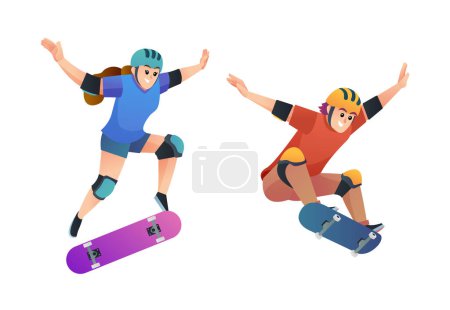 Téléchargez les illustrations : Ensemble de heureux jeune garçon et fille skateboard en sautant pose illustration - en licence libre de droit