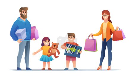 Illustration for Cheerful family shopping cartoon character set - Royalty Free Image