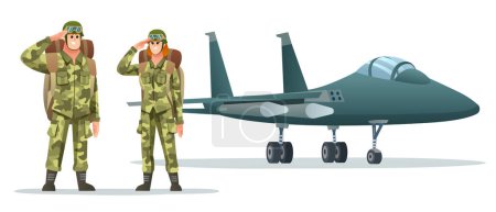 Illustration for Man and woman army soldier carrying backpack characters with military jet plane cartoon illustration - Royalty Free Image