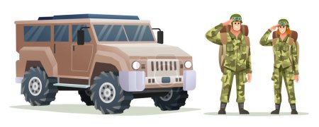 Illustration for Man and woman army soldier carrying backpack characters with military vehicle - Royalty Free Image