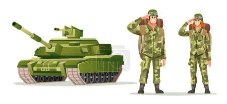 Téléchargez les illustrations : Soldat de l'armée masculine et féminine portant des personnages de sac à dos avec illustration de dessin animé de réservoir militaire - en licence libre de droit