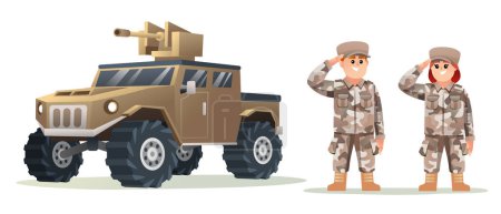 Téléchargez les illustrations : Mignon petit garçon et fille soldat de l'armée personnages avec véhicule militaire dessin animé illustration - en licence libre de droit